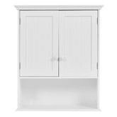 A white bathroom cabinet featuring two doors, designed for storage and organization in a bathroom setting.